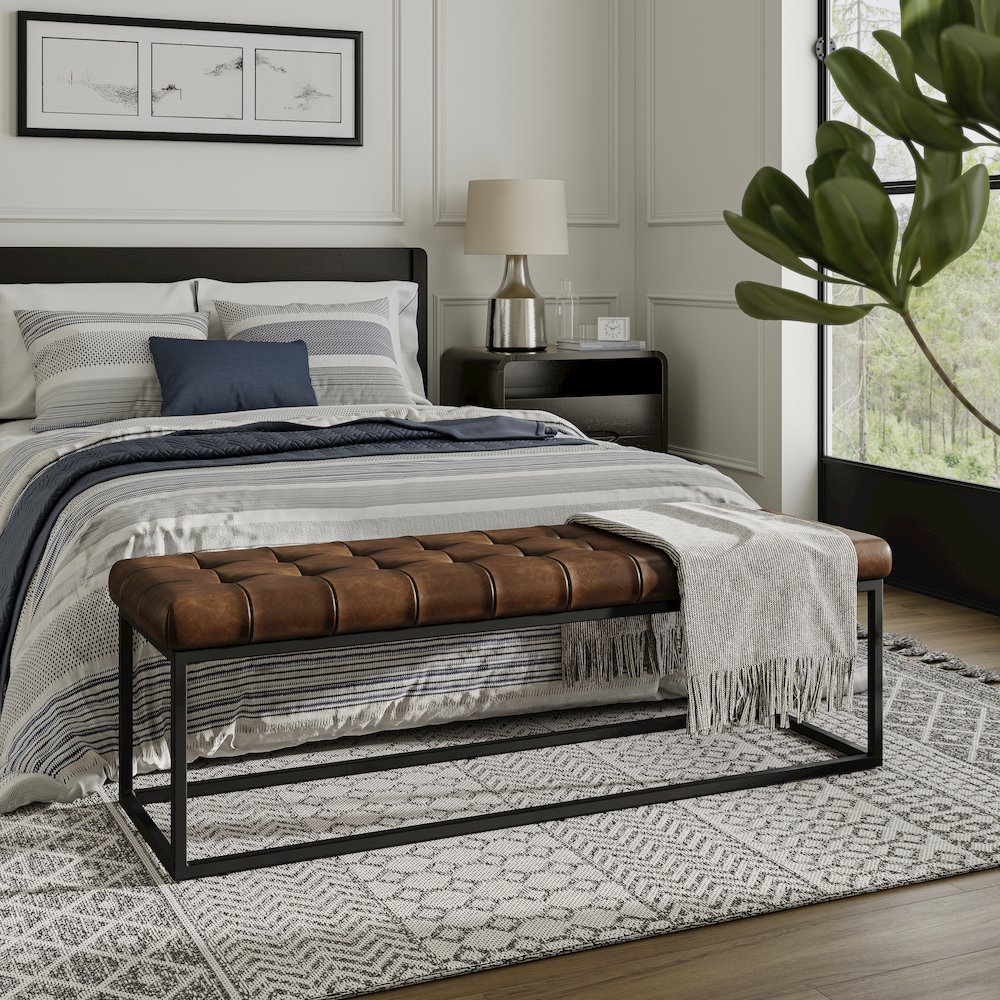 Global Archive 55" Genuine Distressed Leather Ottoman Bench. Picture 9