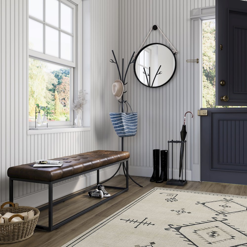 Global Archive 55" Genuine Distressed Leather Ottoman Bench. Picture 6
