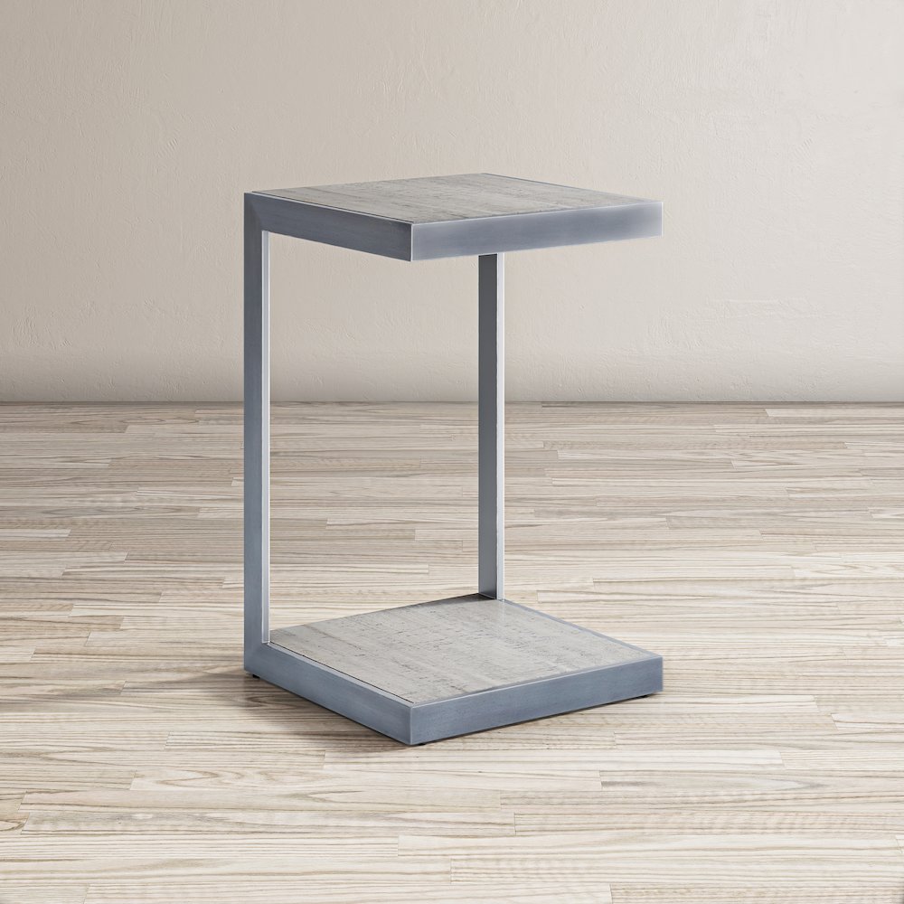 Global Archive Distressed Acacia and Stainless Steel "C" Table. Picture 8