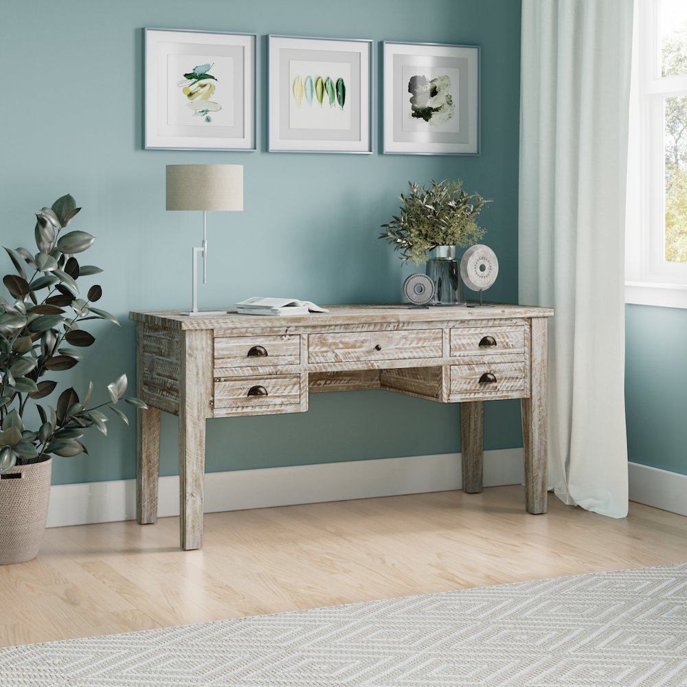 Artisan's Craft Rustic Farmhouse Distressed Solid Wood 5-Drawer Desk. Picture 10