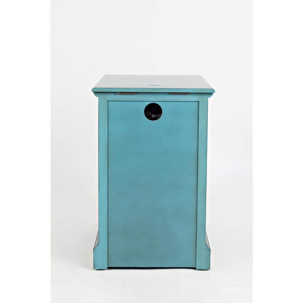 Blue Chairside End Table with USB Charging Ports, Acacia, Glass Construction. Picture 2