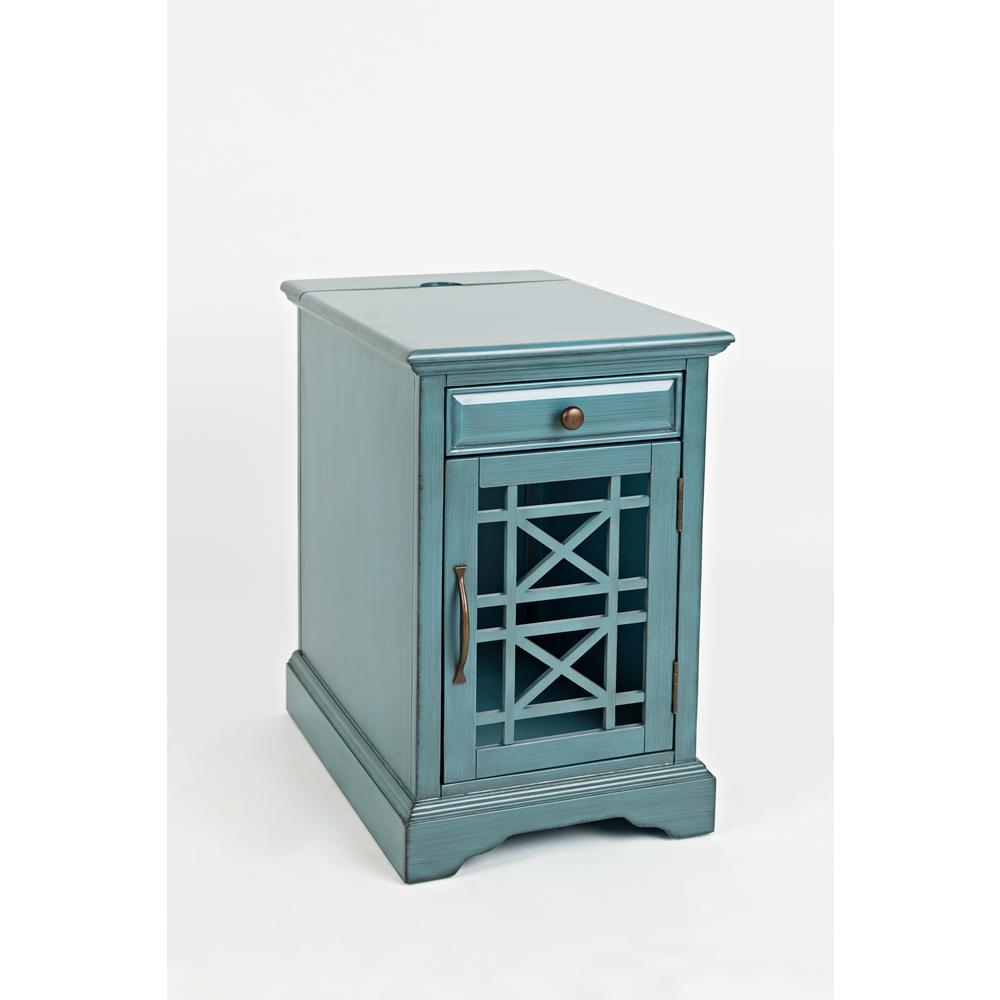 Blue Chairside End Table with USB Charging Ports, Acacia, Glass Construction. Picture 5
