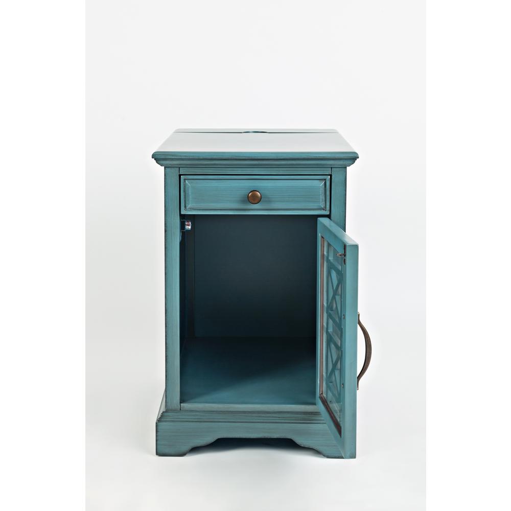 Blue Chairside End Table with USB Charging Ports, Acacia, Glass Construction. Picture 6