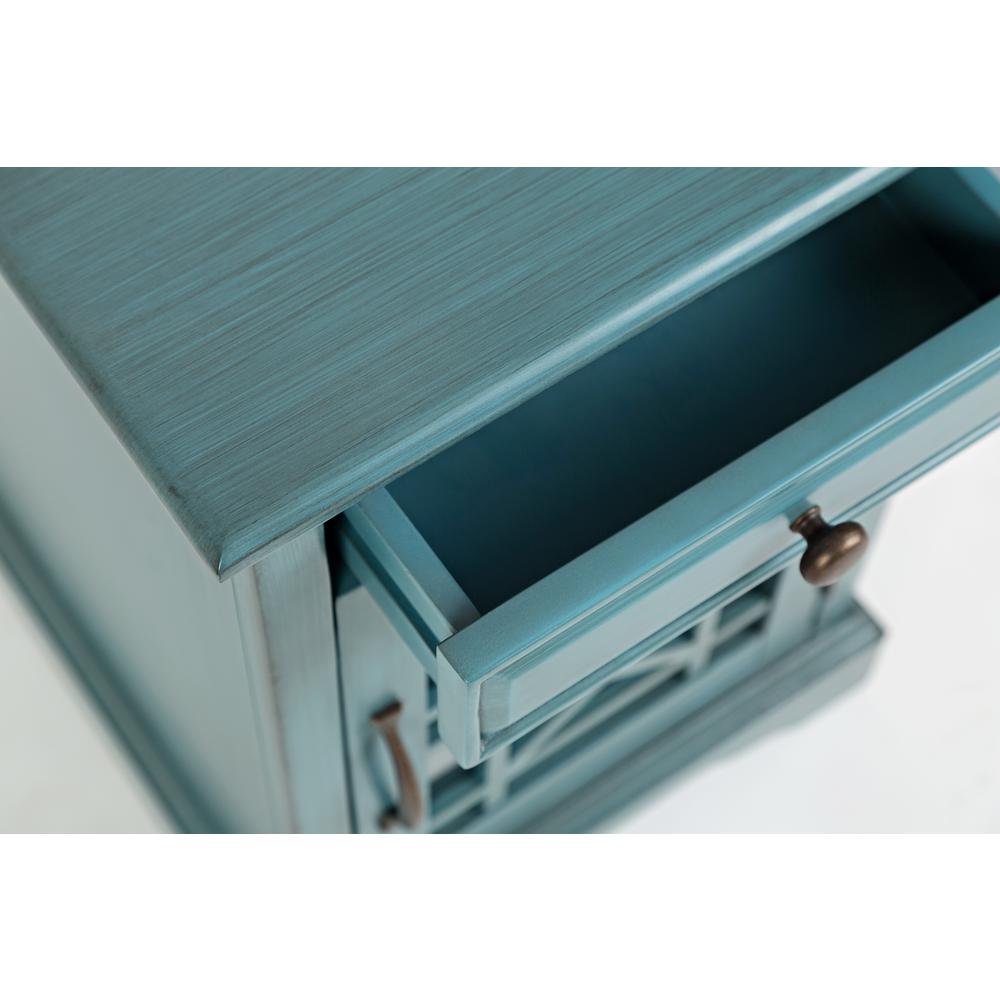 Blue Chairside End Table with USB Charging Ports, Acacia, Glass Construction. Picture 7