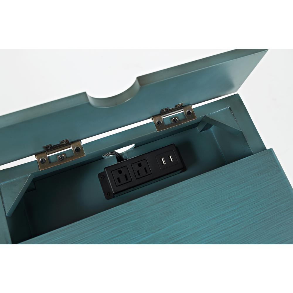 Blue Chairside End Table with USB Charging Ports, Acacia, Glass Construction. Picture 8
