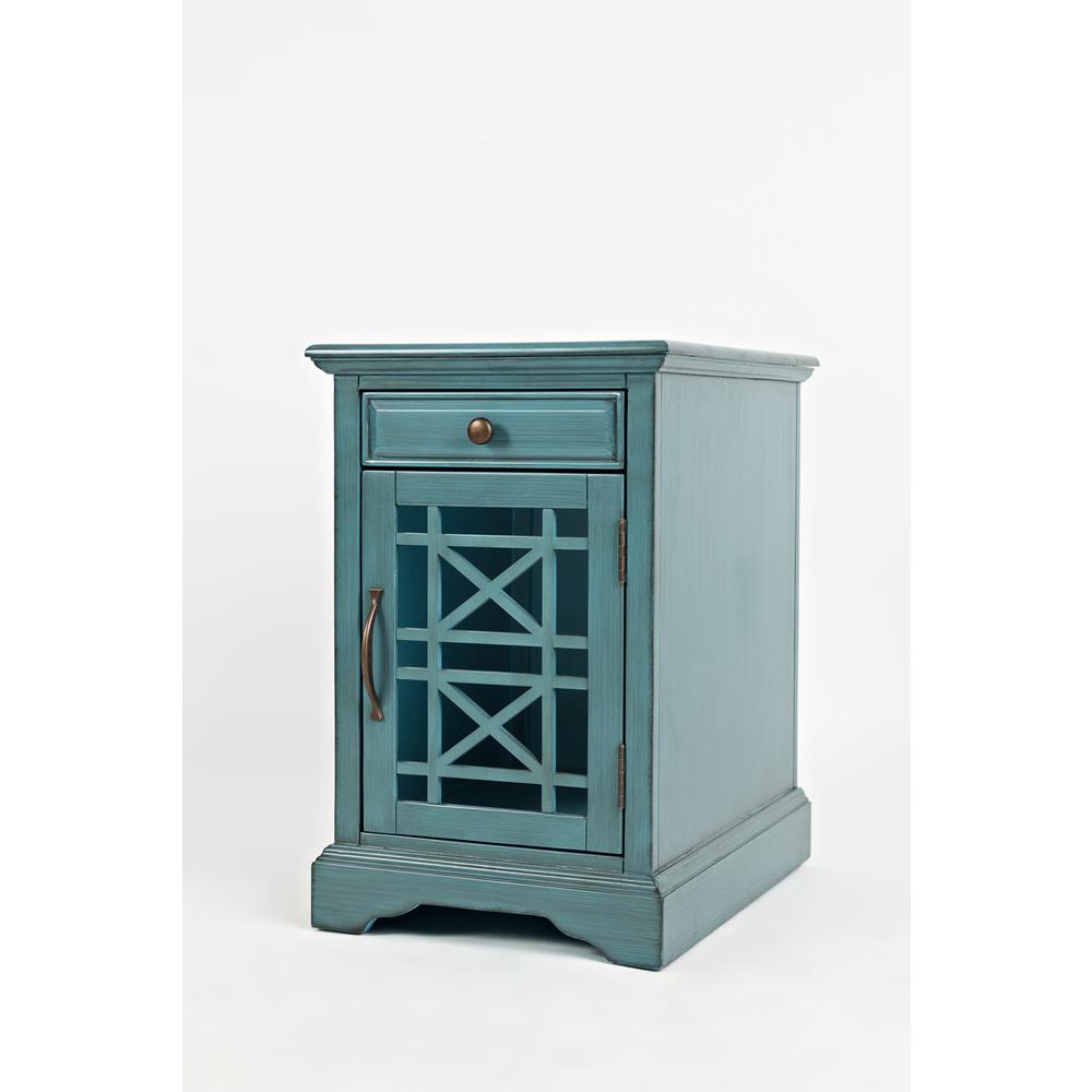 Blue Chairside End Table with USB Charging Ports, Acacia, Glass Construction. Picture 9