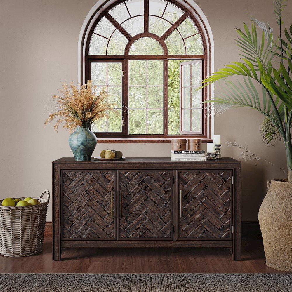 Gramercy Mid-Century Modern Chevron Three Door 60" Accent Cabinet. Picture 2