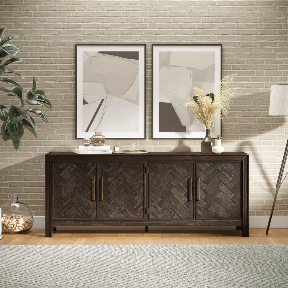 Gramercy Mid-Century Modern Chevron Four Door 79" Accent Cabinet. Picture 9