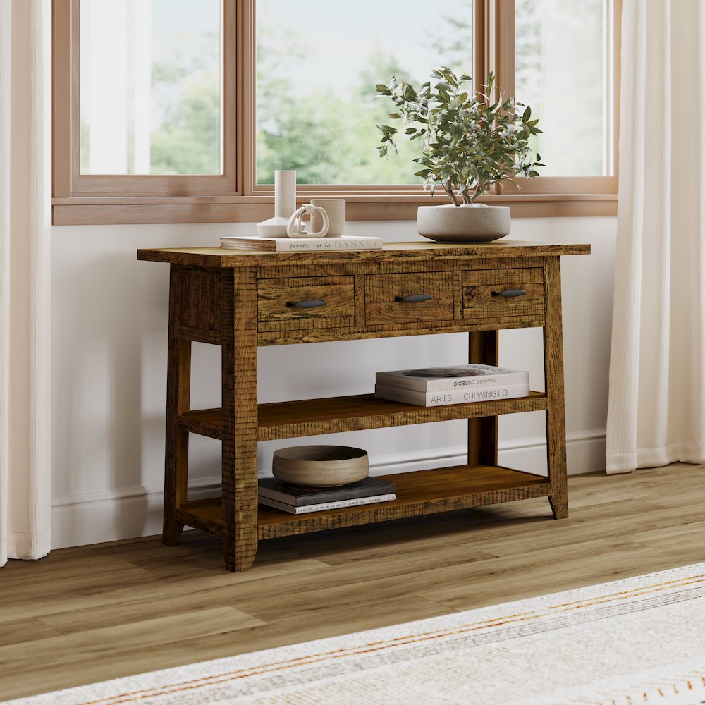 Rustic Farmhouse Solid Wood 50" Sofa Table with Drawers and Two Shelves. Picture 9