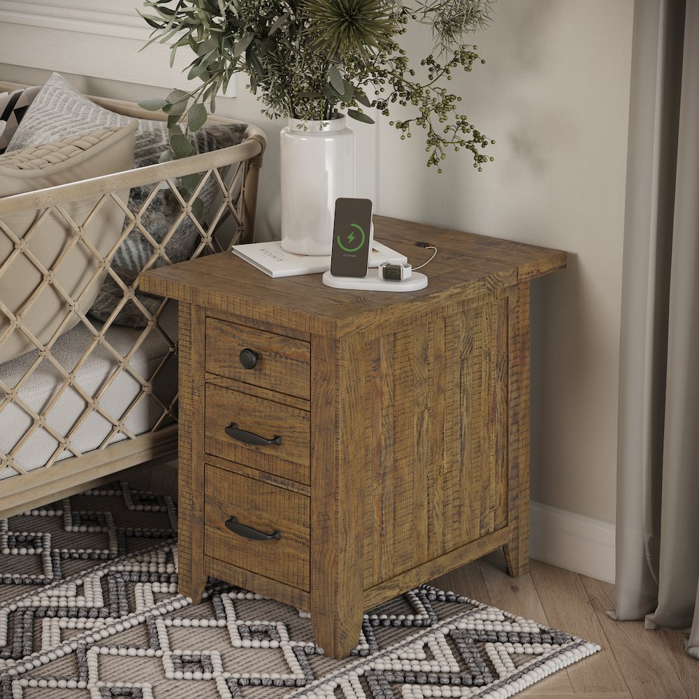 Telluride Rustic Farmhouse Solid Wood USB Charging Chairside End Table. Picture 11