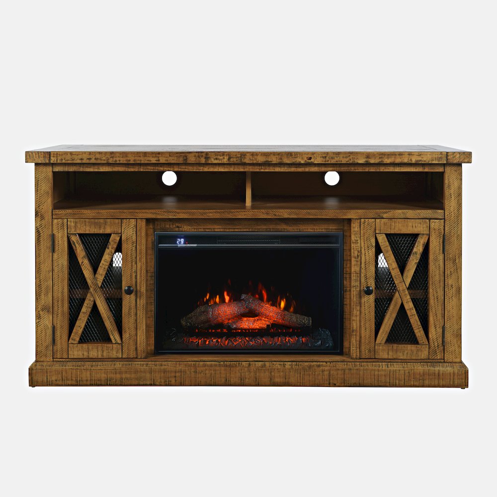 Rustic Farmhouse Solid Wood 60" Storage Console TV Stand with Electric Fireplace. Picture 1