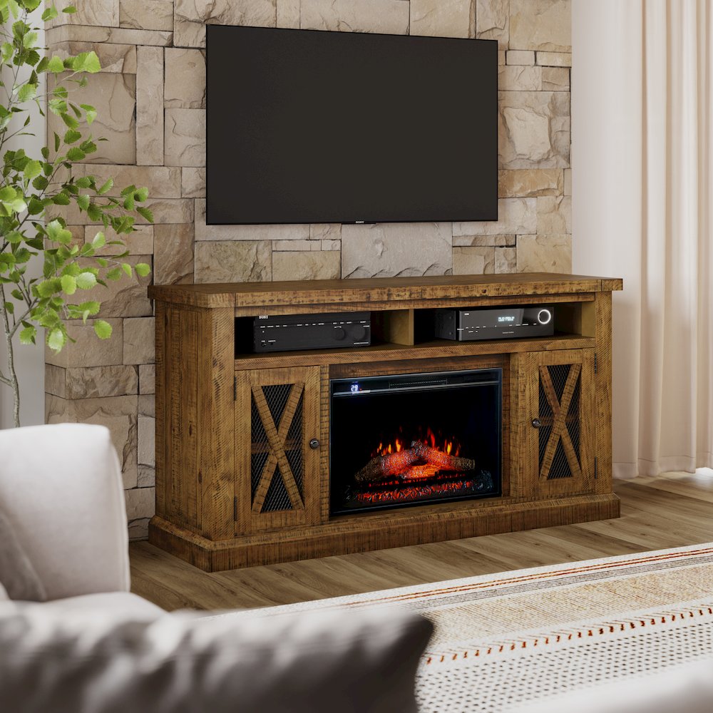 Rustic Farmhouse Solid Wood 60" Storage Console TV Stand with Electric Fireplace. Picture 8