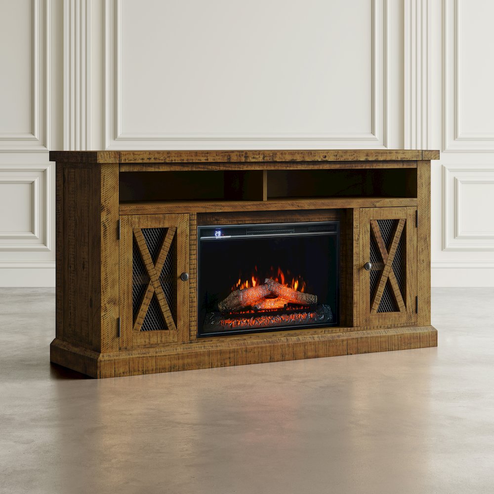 Rustic Farmhouse Solid Wood 60" Storage Console TV Stand with Electric Fireplace. Picture 10