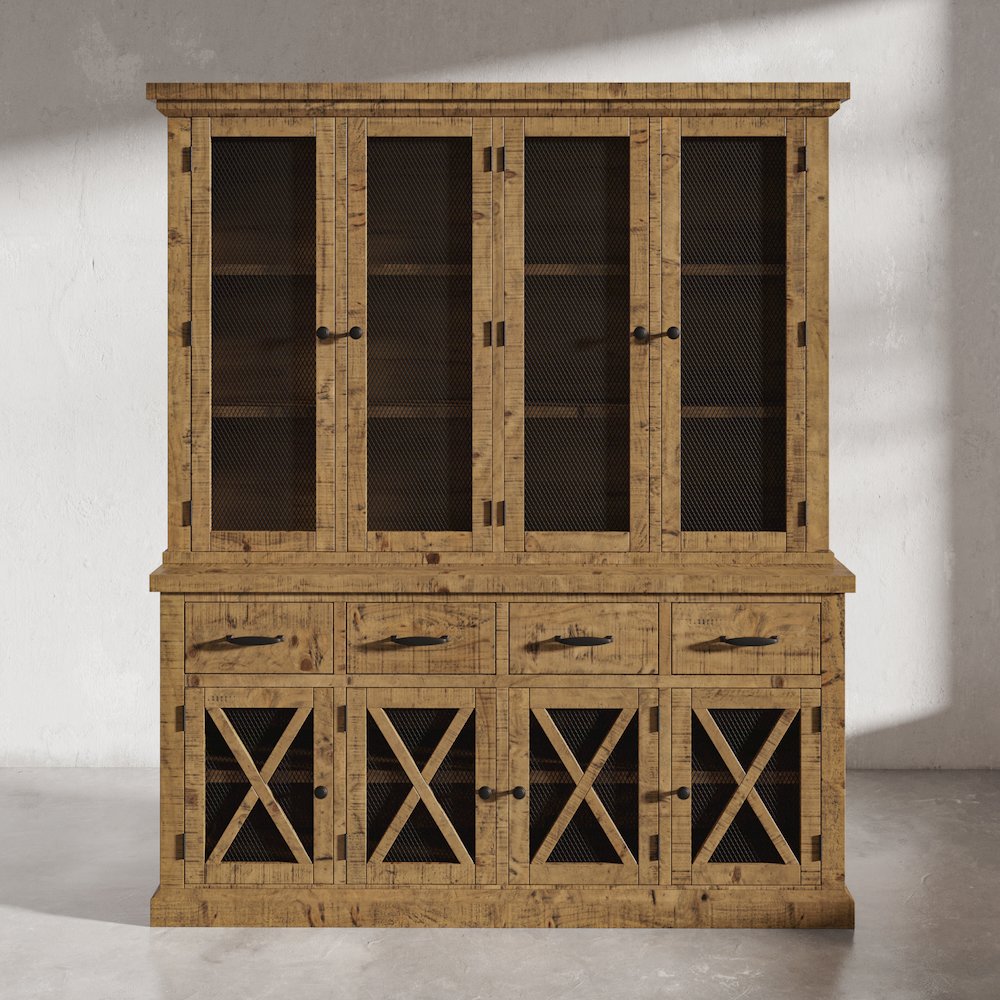 Telluride Rustic Farmhouse Solid Wood Sideboard Buffet Hutch with LED Lights. Picture 12