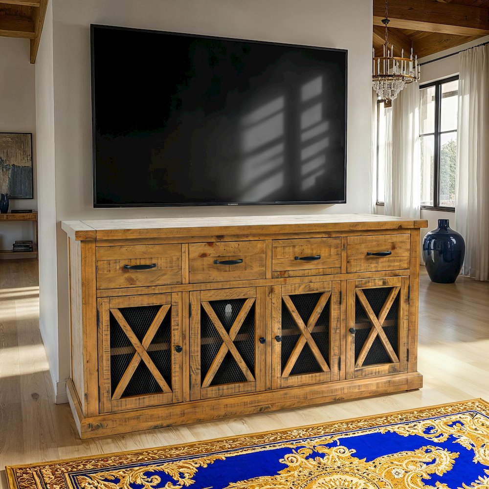 70" Rustic Distressed Solid Wood Farmhouse Four Drawer Sideboard Buffet Server. Picture 9