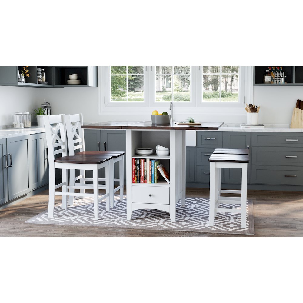Solid Wood Farmhouse Storage Counter Drop Leaf Dining Table with Wine Rack. Picture 8