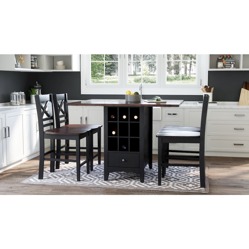 Solid Wood Farmhouse Storage Counter Drop Leaf Dining Table with Wine Rack. Picture 8