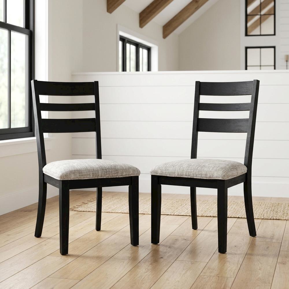 Contemporary Upholstered Ladderback Dining Chairs, Dark Charcoal, Set of 2. Picture 3