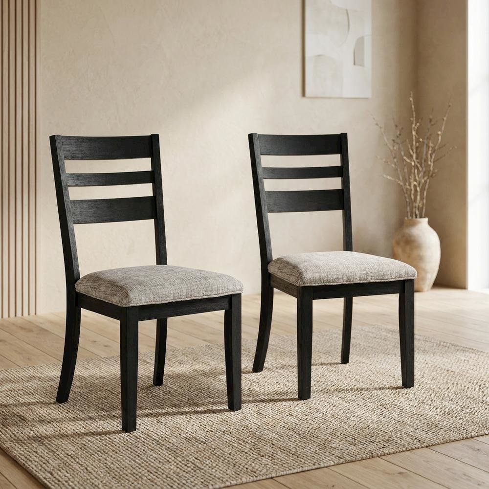 Contemporary Upholstered Ladderback Dining Chairs, Dark Charcoal, Set of 2. Picture 4