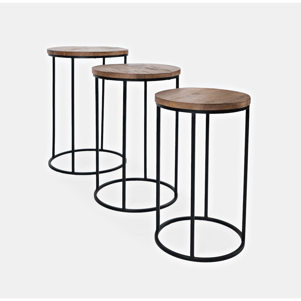 Warner Round Modern Rustic Solid Wood and Metal Nesting End Tables - Set of 3. Picture 3