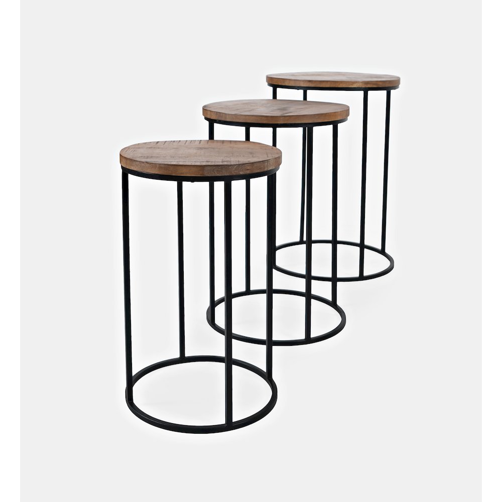 Warner Round Modern Rustic Solid Wood and Metal Nesting End Tables - Set of 3. Picture 2
