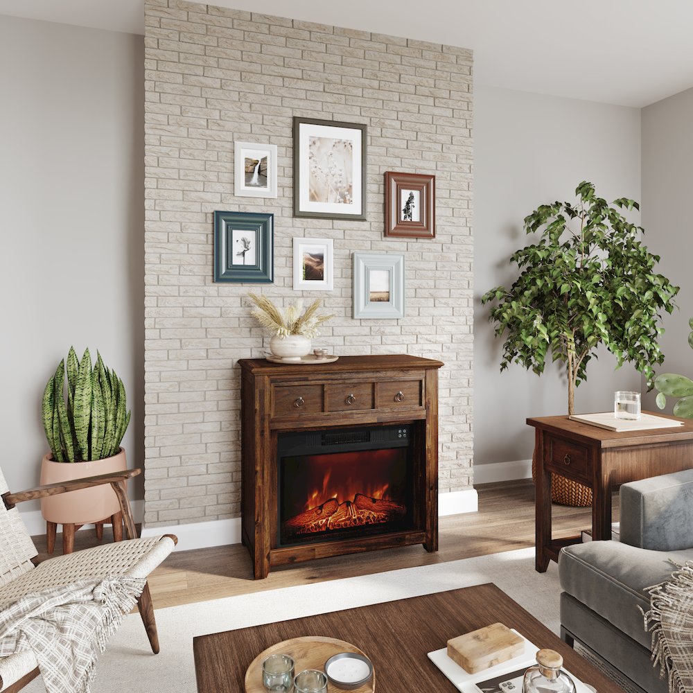 Traditional Rustic 32" Electric Fireplace Wire Brushed Console TV Stand. Picture 10