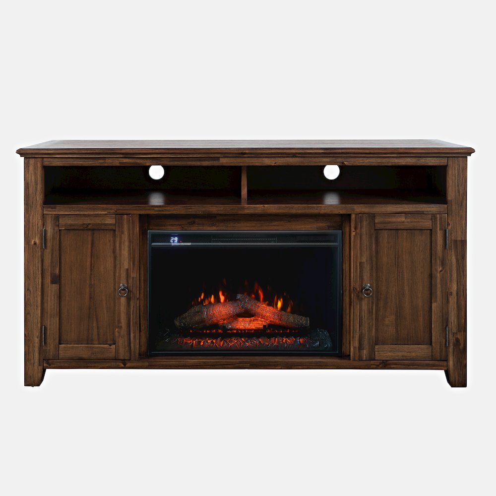 Transitional Rustic 60" Storage Console TV Stand with Electric Fireplace. Picture 1