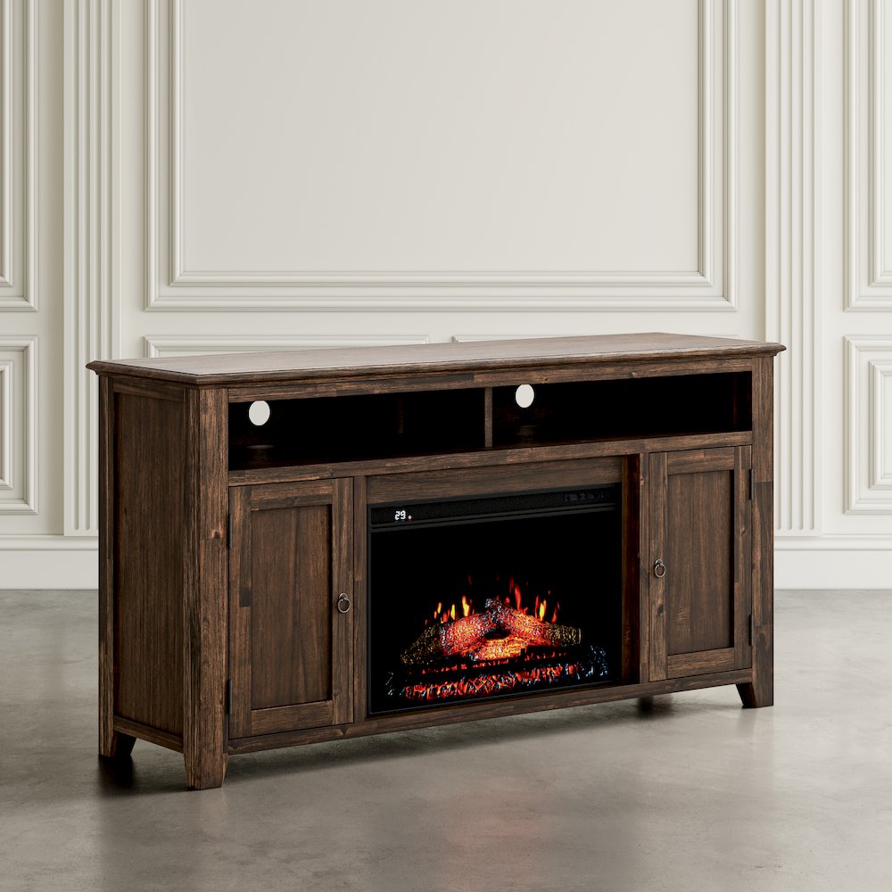 Transitional Rustic 60" Storage Console TV Stand with Electric Fireplace. Picture 10