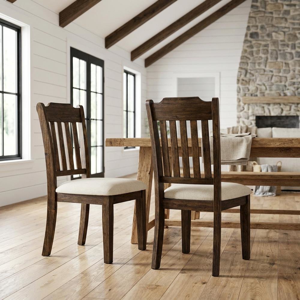 Mission-Style Slat-Back Solid Acacia Wood Farmhouse Dining Chair, Wire Brush, Set of 2. Picture 3