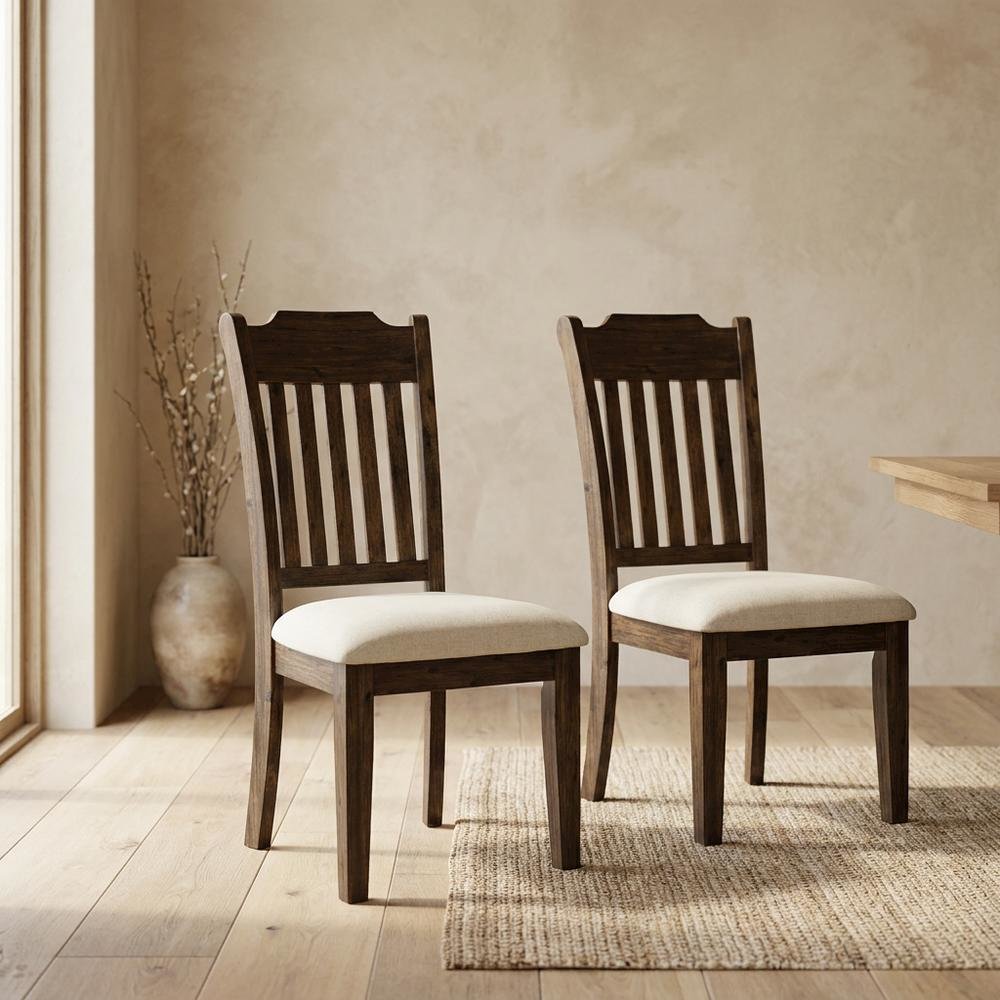 Mission-Style Slat-Back Solid Acacia Wood Farmhouse Dining Chair, Wire Brush, Set of 2. Picture 4