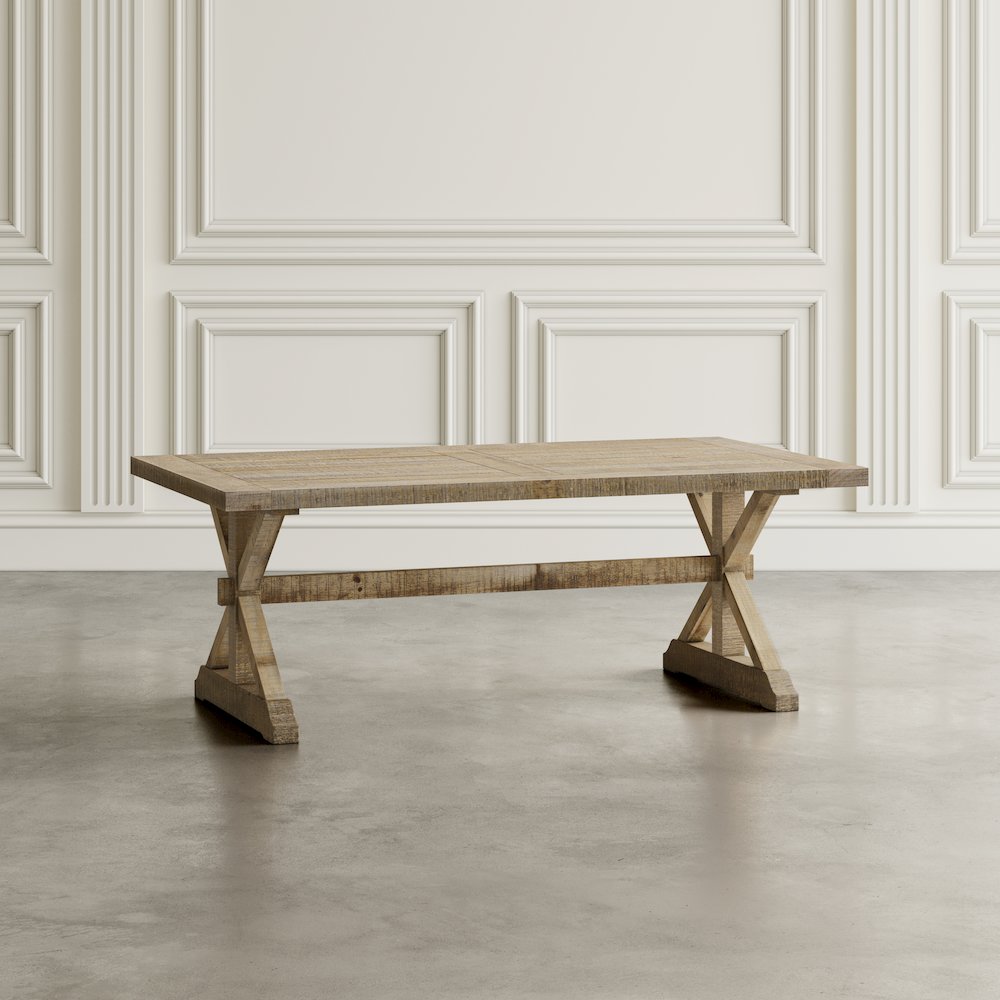 Carlyle Crossing Modern Rustic Distressed Solid Wood Coffee Table with Trestle. Picture 7