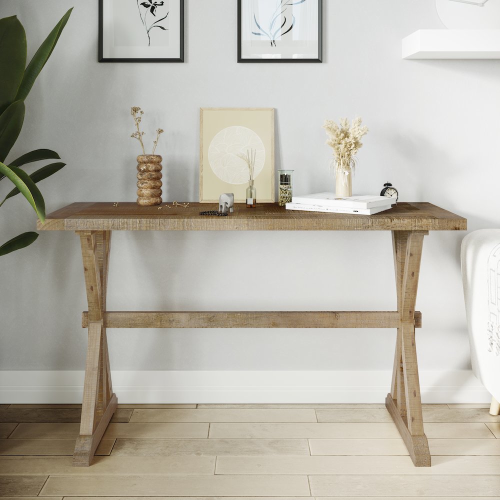 Carlyle Crossing Modern Rustic Distressed Solid Wood Sofa Table with Trestle. Picture 2