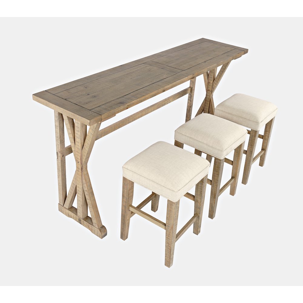 Modern Rustic Solid Wood Pine Counter Height Sofa Table Set with Three Stools. Picture 1
