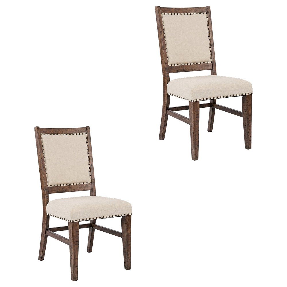 Acacia Veneer Cotton-Linen Upholstered Accent Chairs, Oak, Set of 2. Picture 1