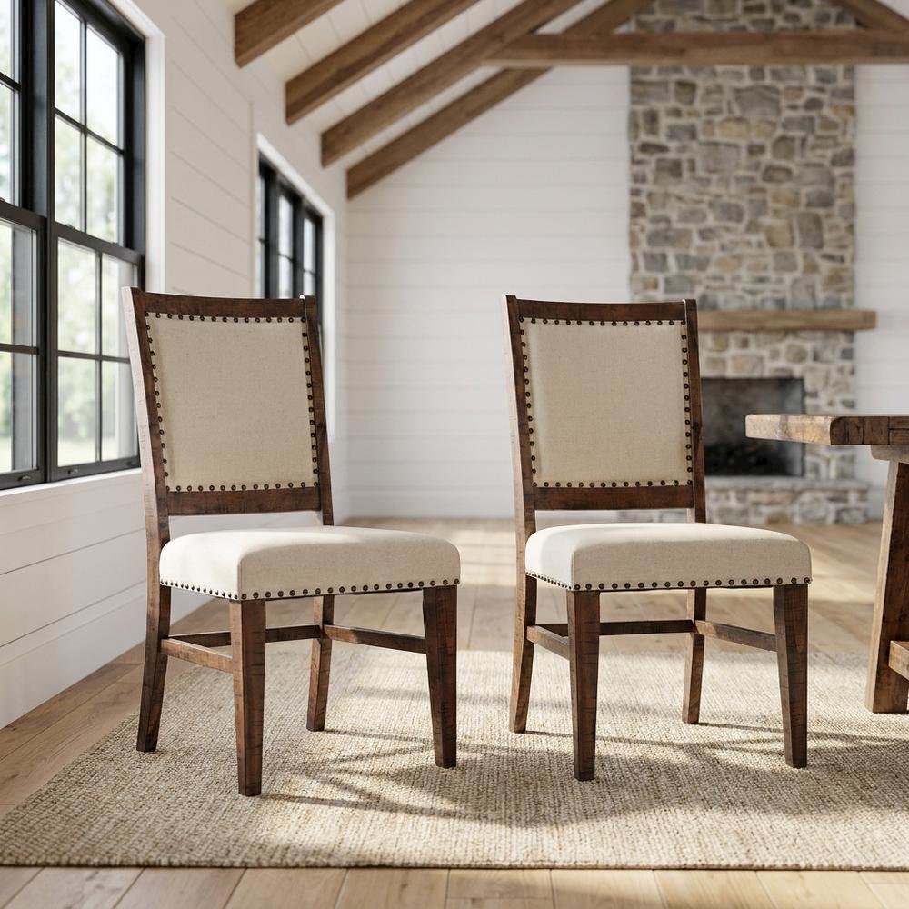 Acacia Veneer Cotton-Linen Upholstered Accent Chairs, Oak, Set of 2. Picture 3