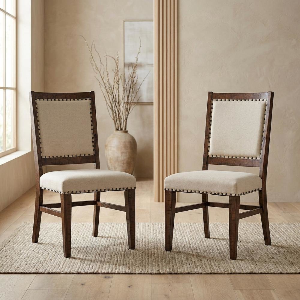 Acacia Veneer Cotton-Linen Upholstered Accent Chairs, Oak, Set of 2. Picture 4