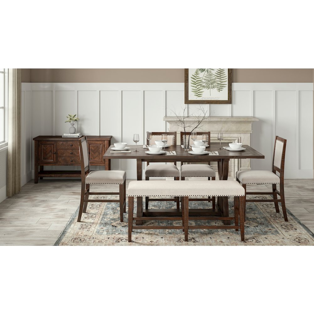 Transitional Herringbone Distressed Acacia Counter Height 78" Dining Table. Picture 7