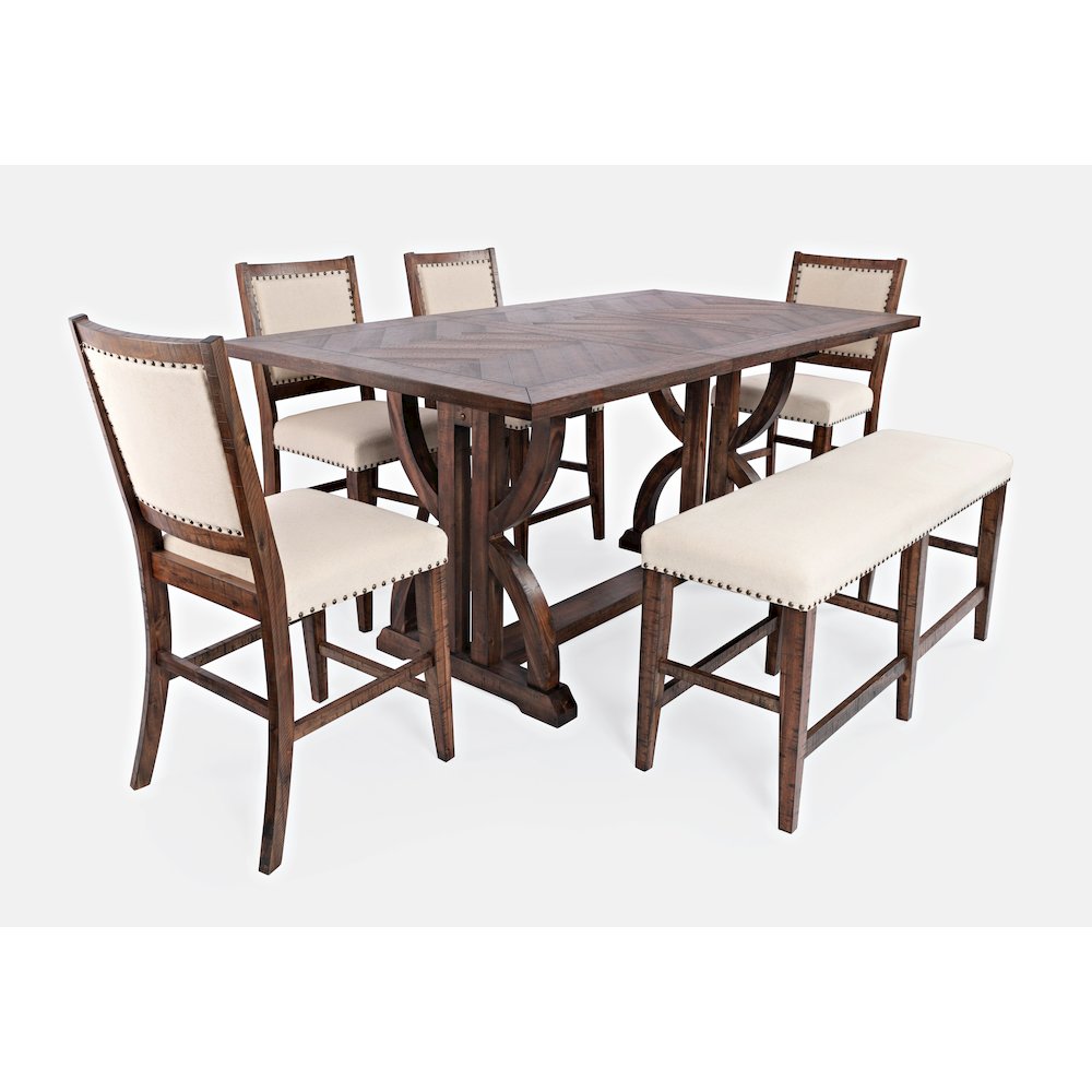 Transitional Modern Distressed 78" Six-Piece Upholstered Dining Set with Bench. Picture 1