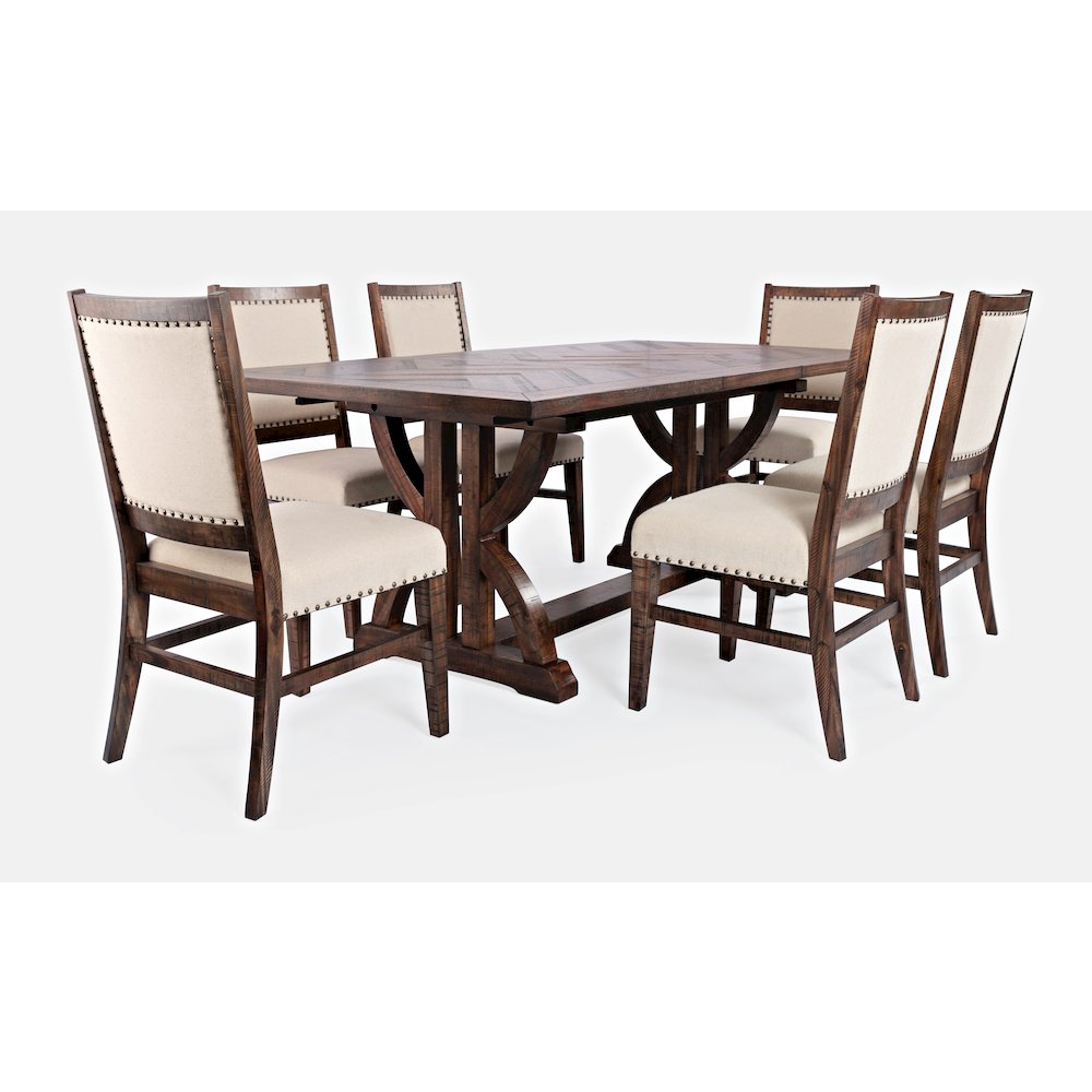 Fairview Transitional Modern Distressed 78" Seven-Piece Upholstered Dining Set. Picture 1