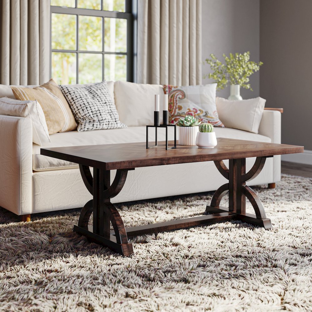 Fairview Transitional Herringbone Distressed Acacia Coffee Table. Picture 7