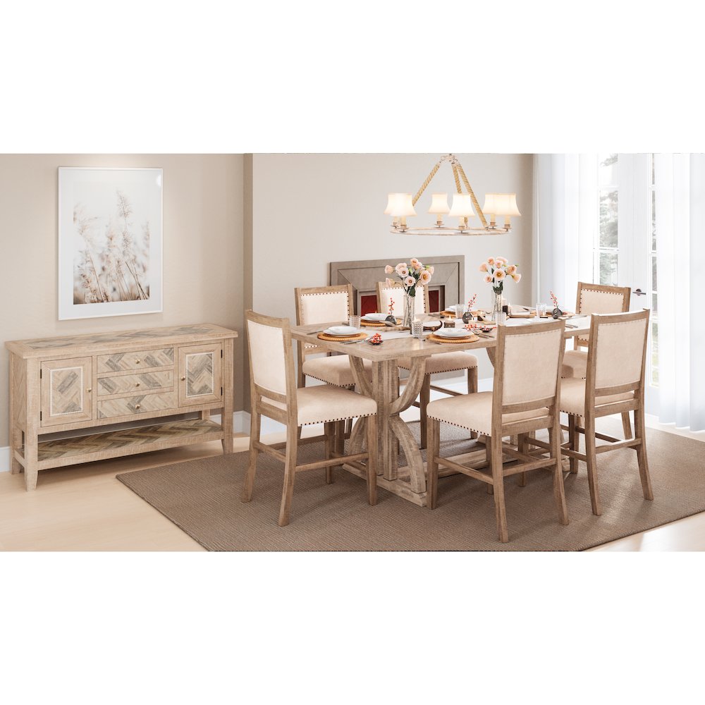 Modern Distressed 78" Seven-Piece Upholstered Counter Height Dining Set. Picture 2