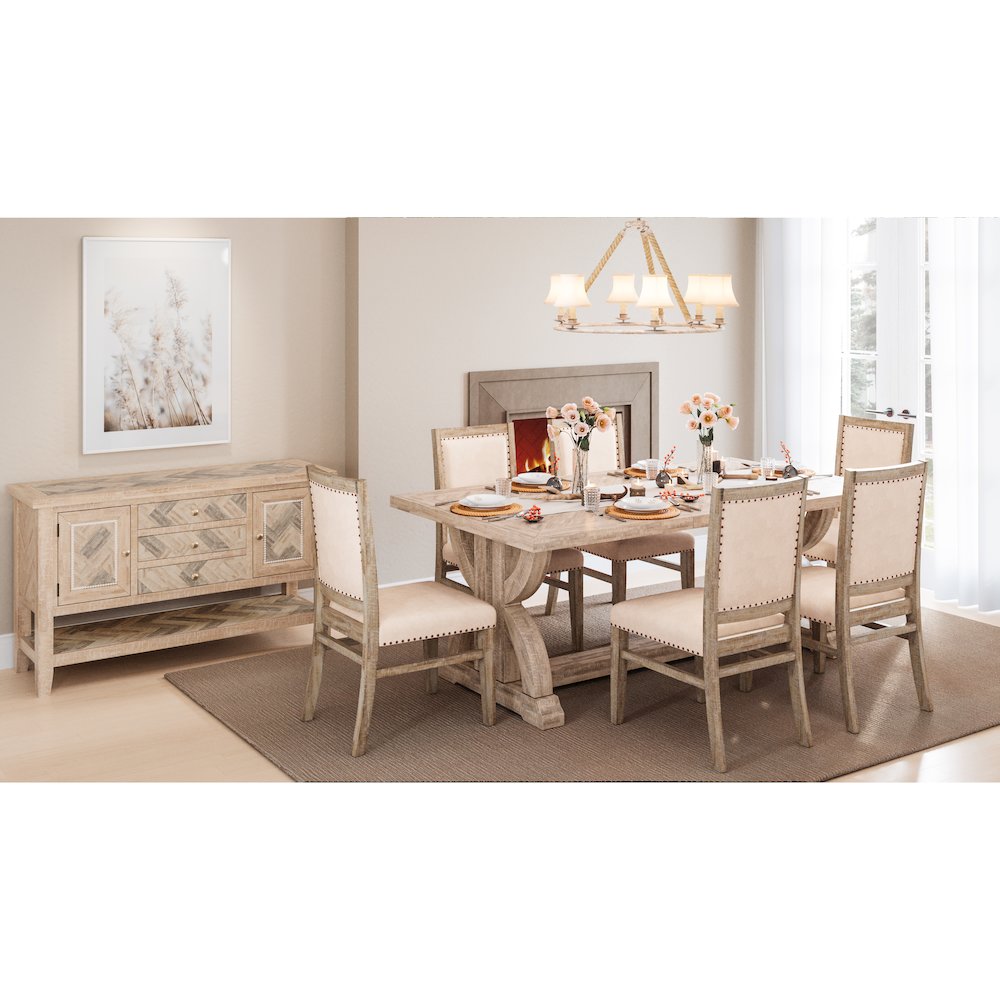 Fairview Transitional Modern Distressed 78" Seven-Piece Upholstered Dining Set. Picture 11