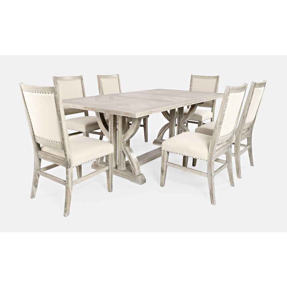 Fairview Transitional Modern Distressed 78" Seven-Piece Upholstered Dining Set. Picture 1