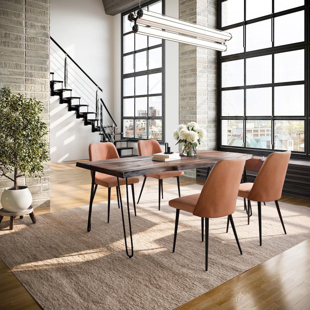 Five Piece Solid Acacia Dining Set with Upholstered Mid-Century Modern Chairs. Picture 9