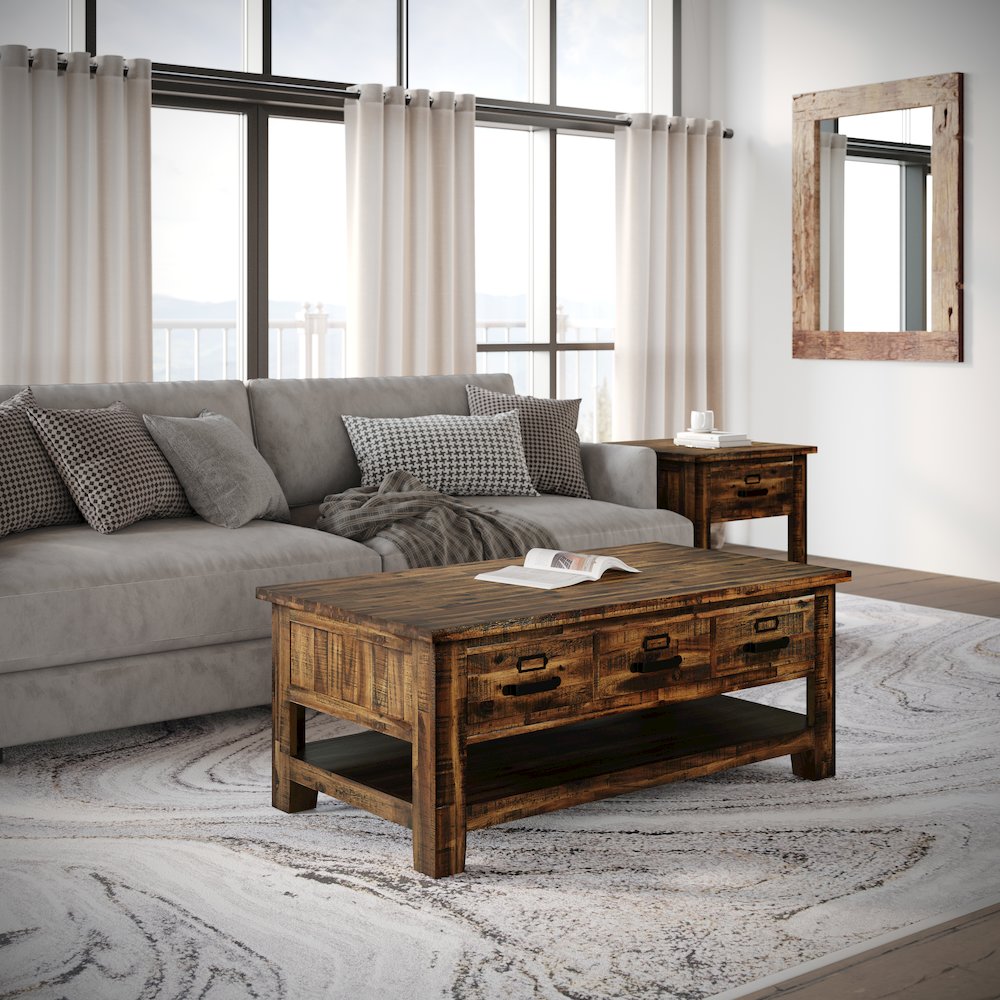 Cannon Valley Distressed Industrial Three Drawer 48" Coffee Table. Picture 2