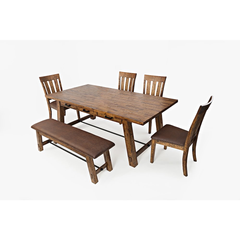 Cannon Valley Rustic Industrial Brown 82" Table + 4 Slat Dining Chairs + Bench. Picture 1
