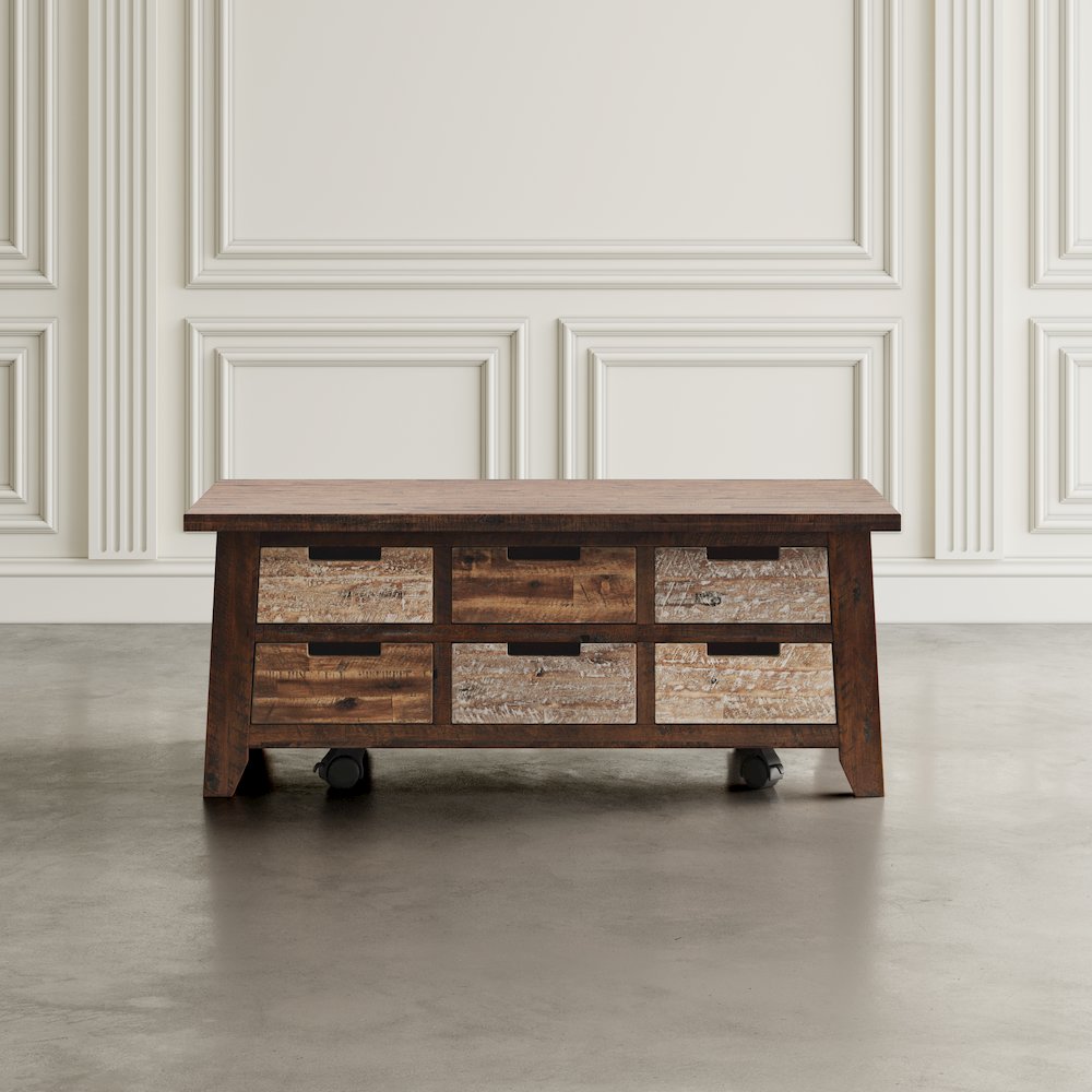 Rustic Solid Acacia Box Coffee Table with Pull-Through Drawers and Caster Wheels. Picture 9