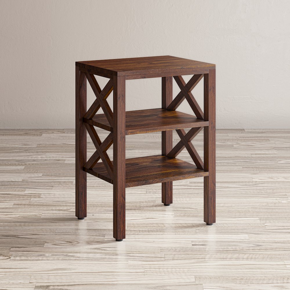 Global Archive Solid Wood Rustic Modern X-Side Accent Table with Two Shelves. Picture 7
