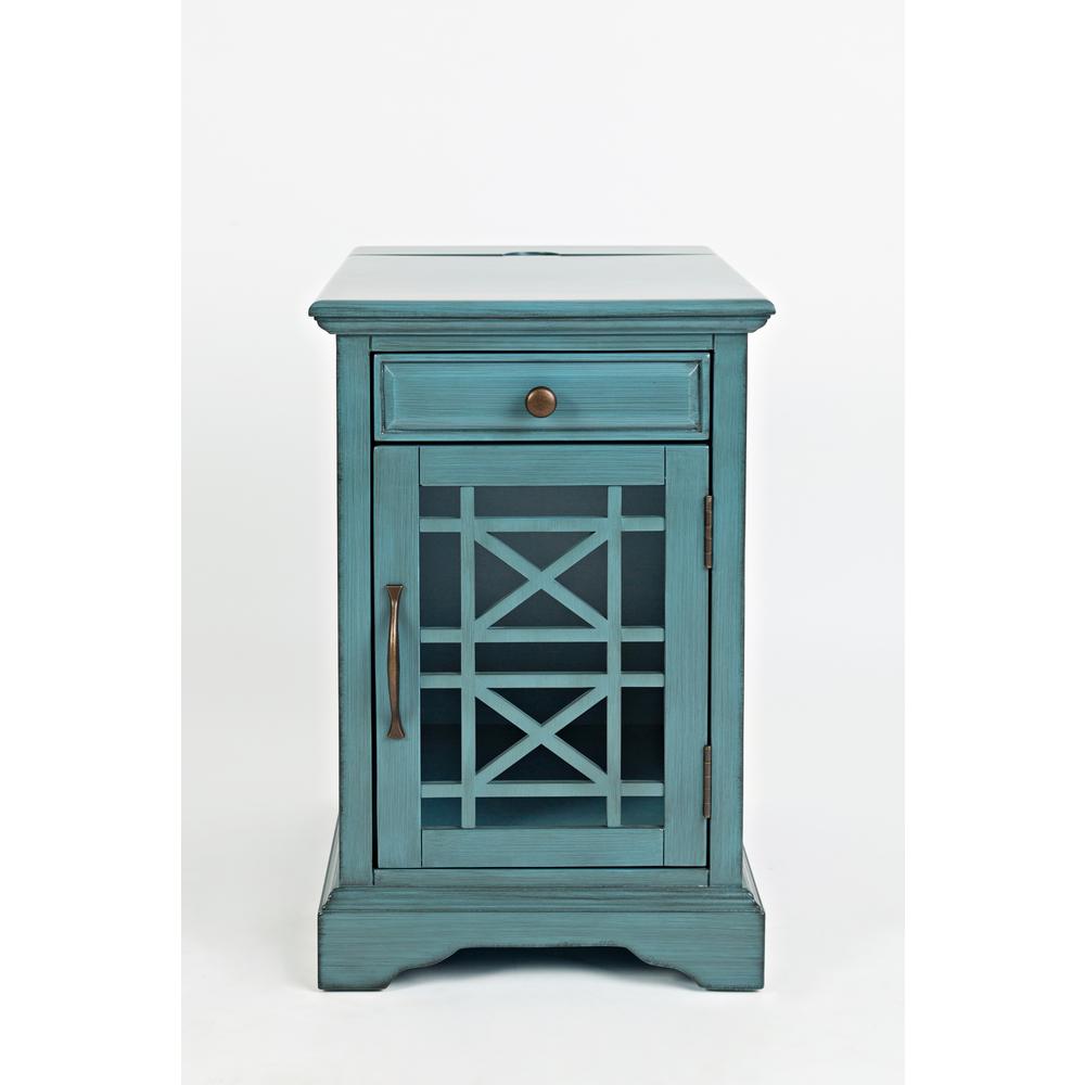 Blue Chairside End Table with USB Charging Ports, Acacia, Glass Construction. Picture 1