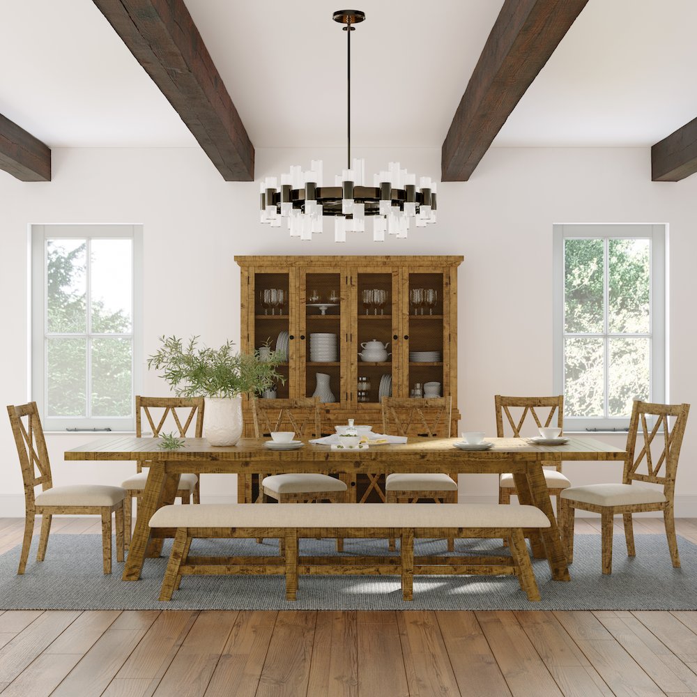 Rustic Farmhouse Solid Wood 127" Trestle Dining Table with Two Extension Leaves. Picture 8